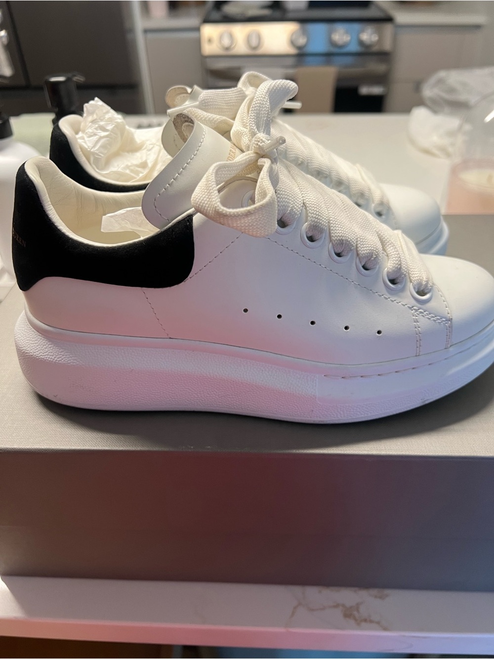 Alexander McQueen White Leather Platform Sneakers with Black Heel Tab